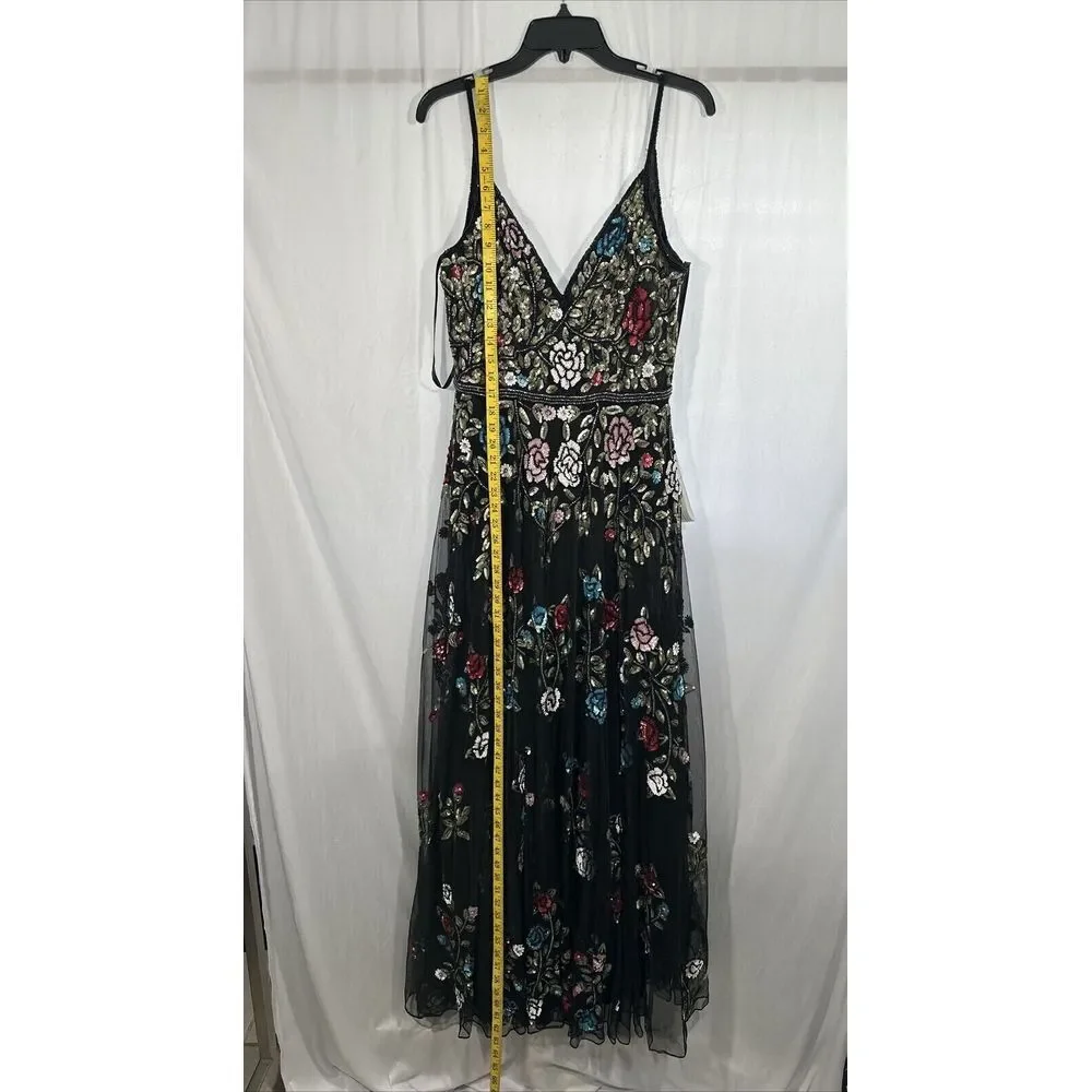 NWT $698 Mac Duggal [ 8 ] V Neck‎ Embellished Floral Sequined Gown Black #G1635 - Picture 4 of 15